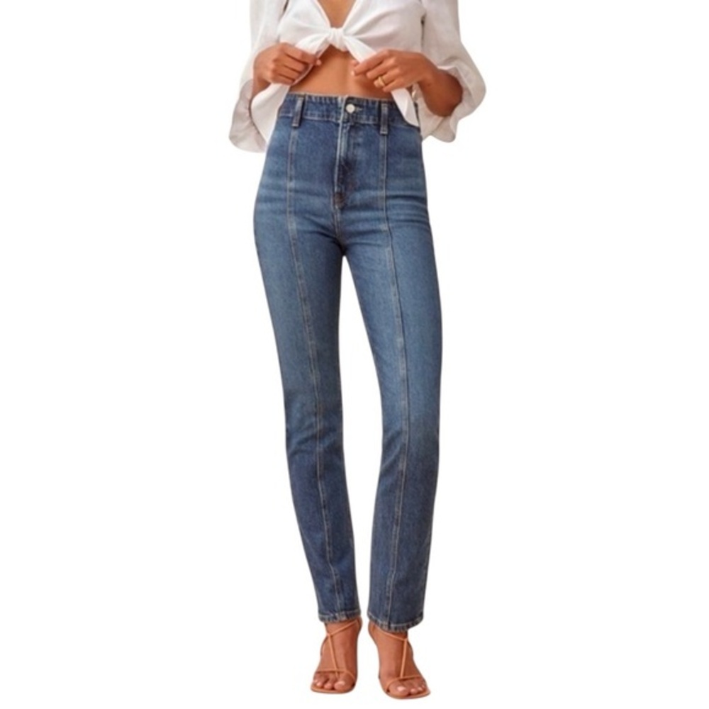 Reformation Amie Seamed High Rise Skinny‎ Straight Leg Jeans in Wash Anguilla